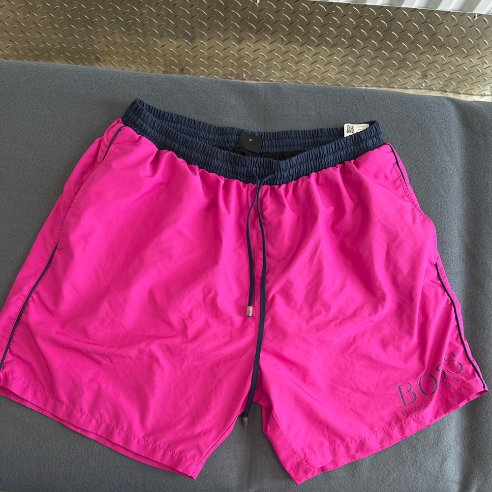Hugo Boss Men's Bright Magenta Athletic Shorts with Navy Trim